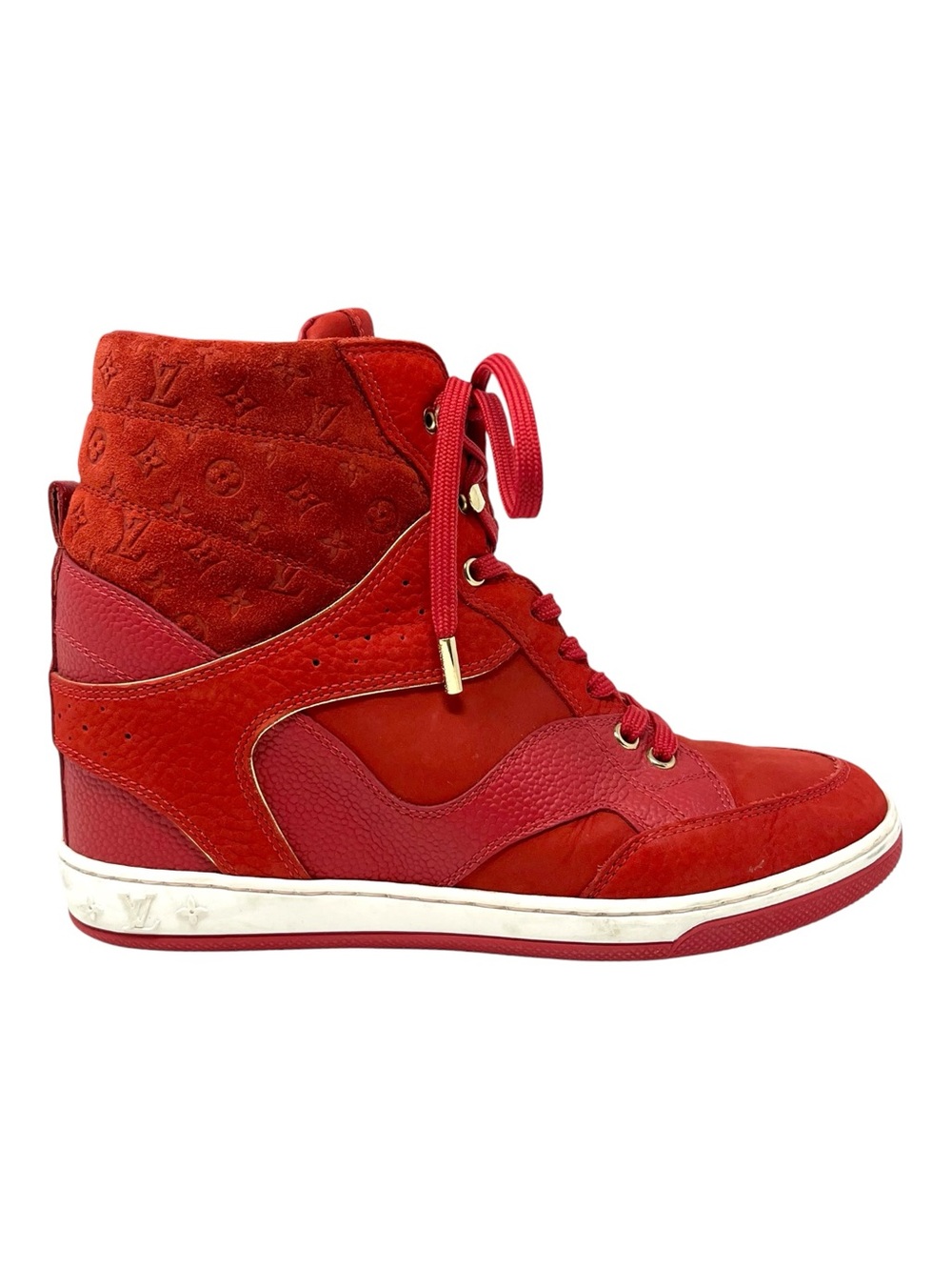 Louis Vuitton LV Logo Monogram High Top‎ Suede Wedge Sneakers Shoes Red 37.5 7.5